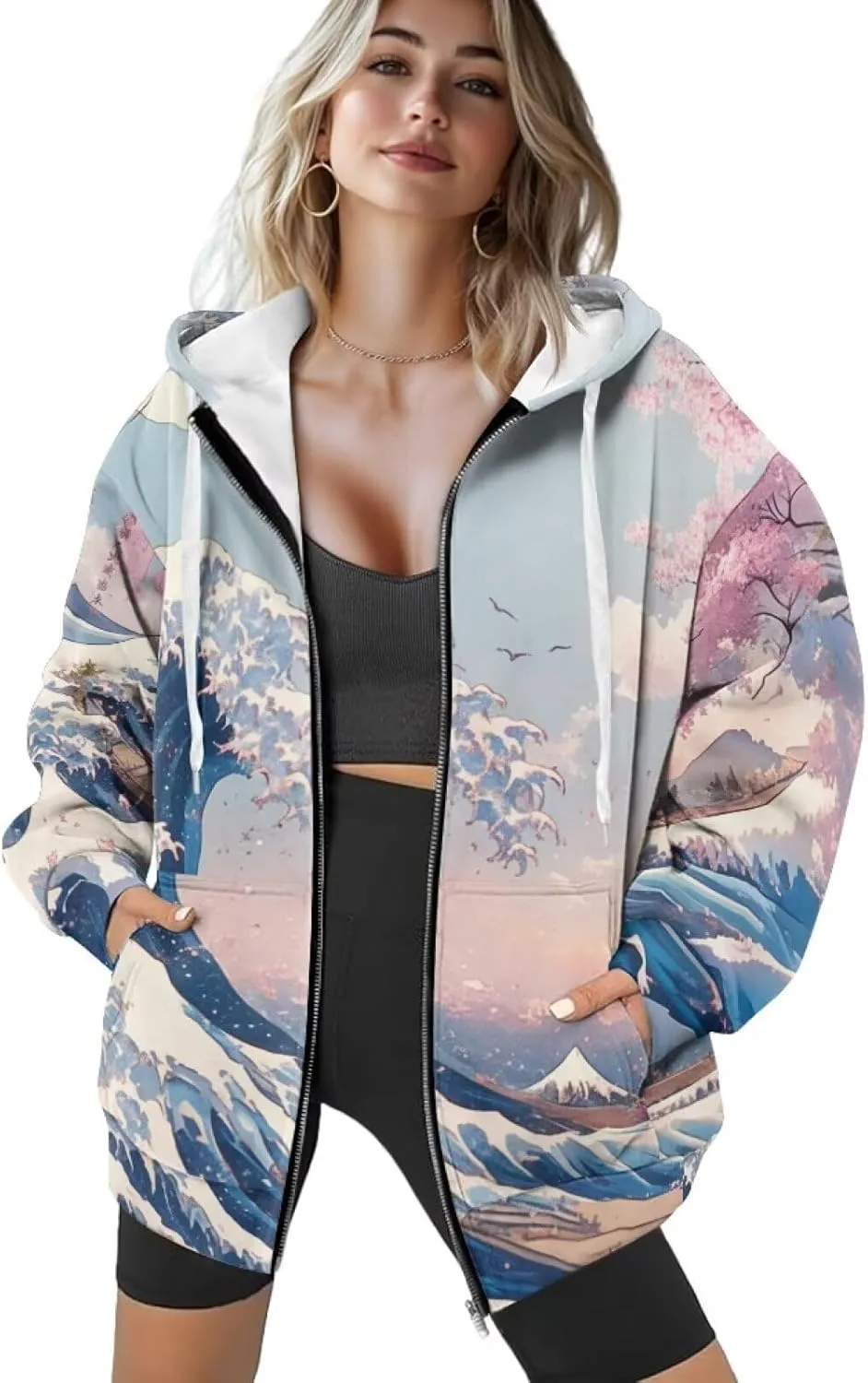 Starry Night Painting Women Full Zip-Up Hoodies 3D Print Graphic Sweatshirts Cool Novelty Hooded Hoodie