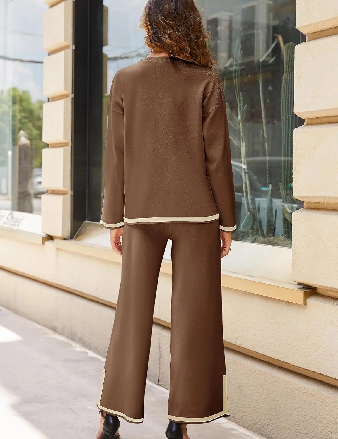 Tanming Women's 2 Piece Outfits Long Sleeve Knit Sweater Top Wide Leg Pants Lounge Sets Tracksuits