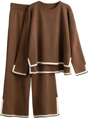 Tanming Women's 2 Piece Outfits Long Sleeve Knit Sweater Top Wide Leg Pants Lounge Sets Tracksuits