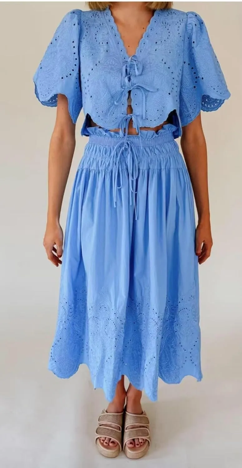 utcoco Women's Two Piece Outfits Summer Casual Embroidery Eyelet Tie Front Crop Shirt Top Long Skirt Sets