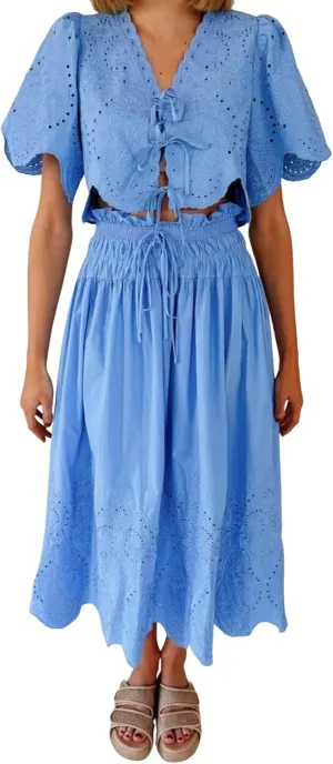 utcoco Women's Two Piece Outfits Summer Casual Embroidery Eyelet Tie Front Crop Shirt Top Long Skirt Sets