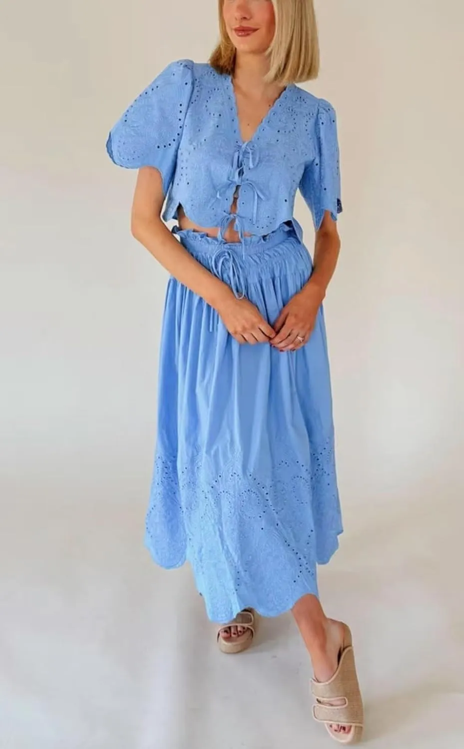 utcoco Women's Two Piece Outfits Summer Casual Embroidery Eyelet Tie Front Crop Shirt Top Long Skirt Sets