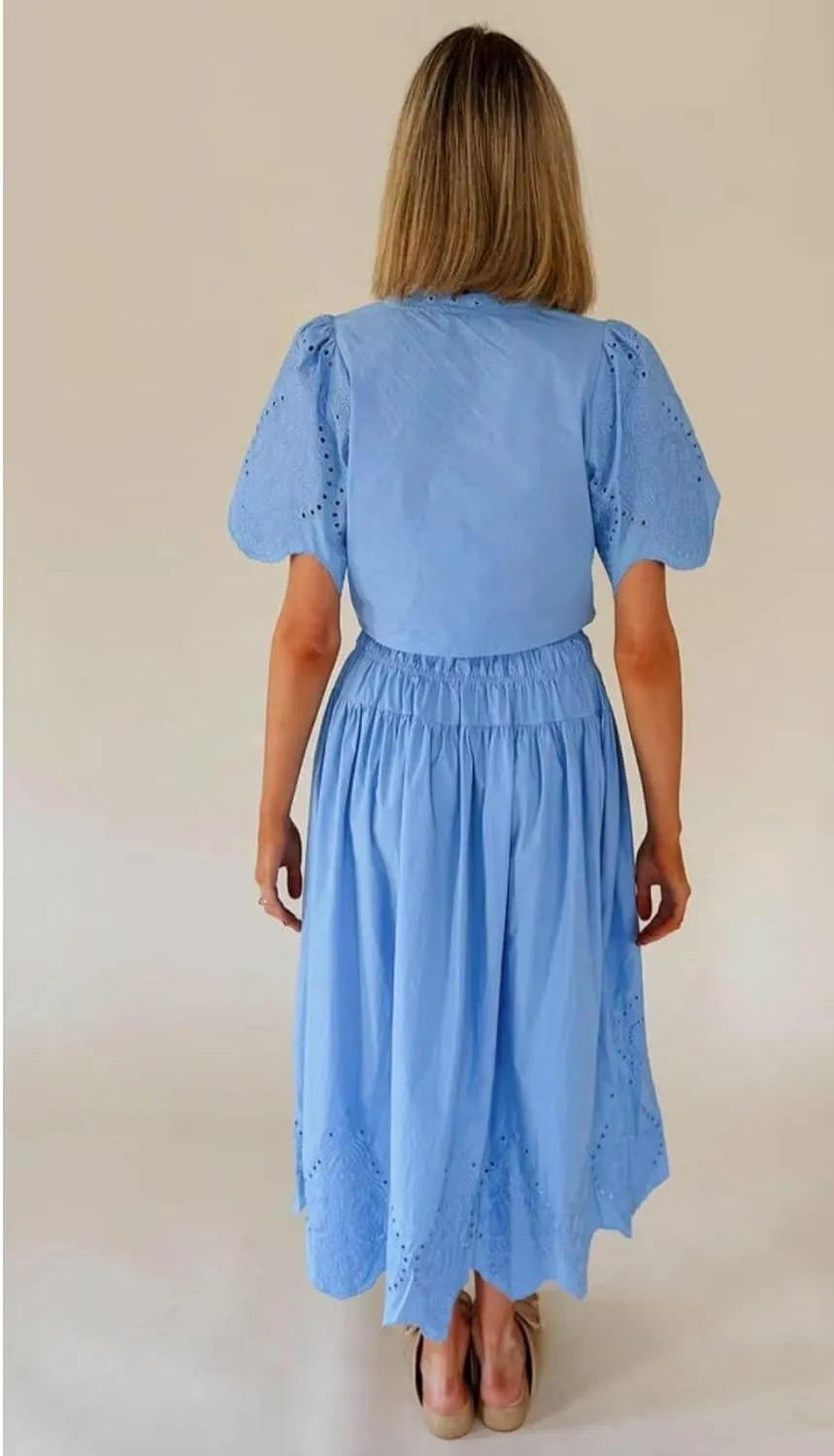 utcoco Women's Two Piece Outfits Summer Casual Embroidery Eyelet Tie Front Crop Shirt Top Long Skirt Sets