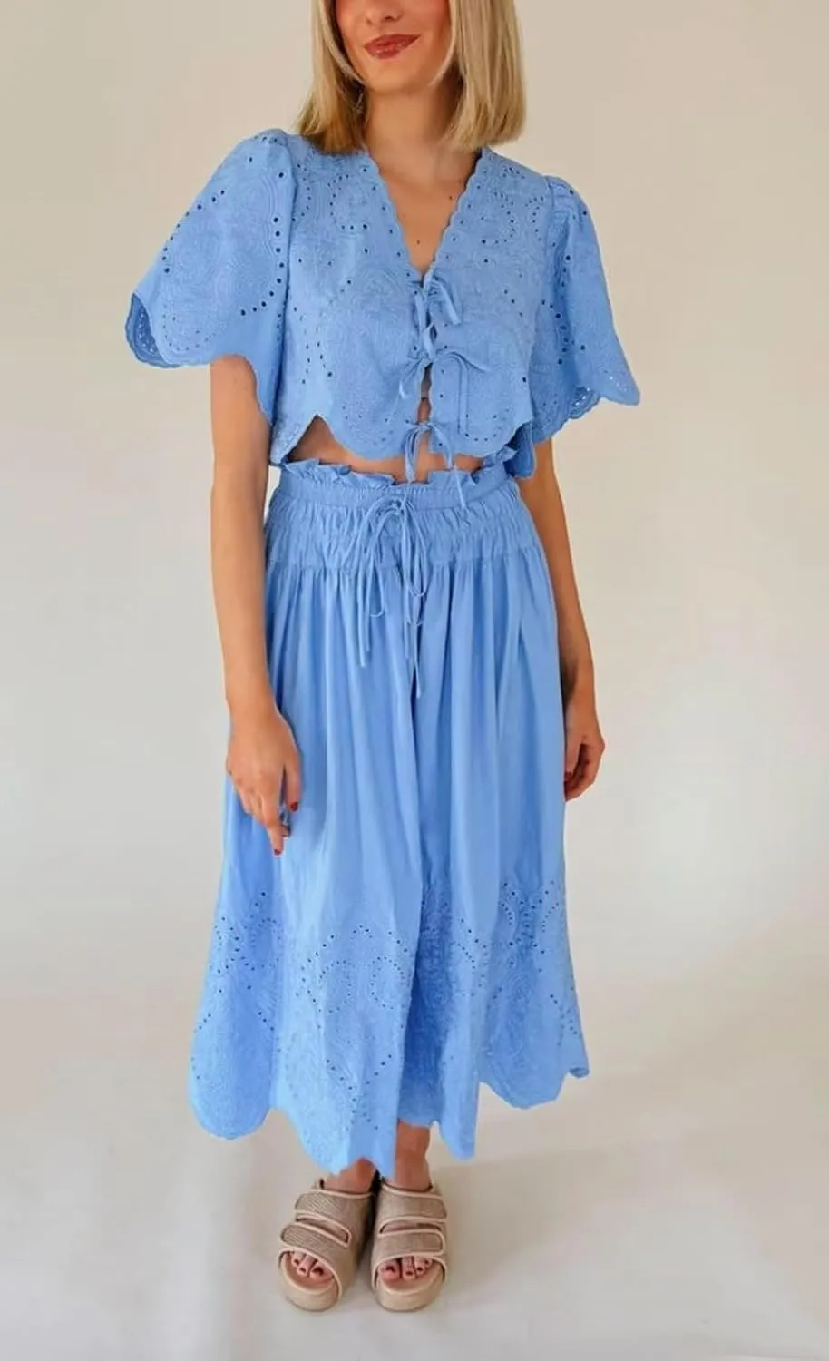 utcoco Women's Two Piece Outfits Summer Casual Embroidery Eyelet Tie Front Crop Shirt Top Long Skirt Sets