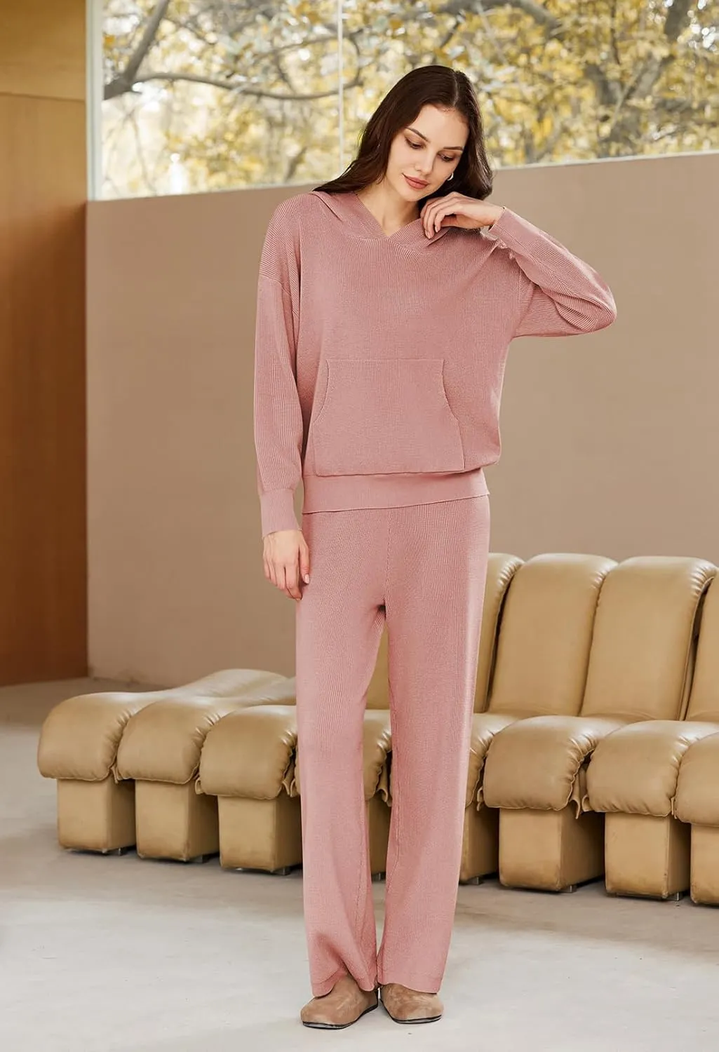 Viottiset Women's 2 Piece Outfits Sweater Set Long Sleeve Hoodies With Pocket Wide Leg Pants Lounge Sets Tracksuit