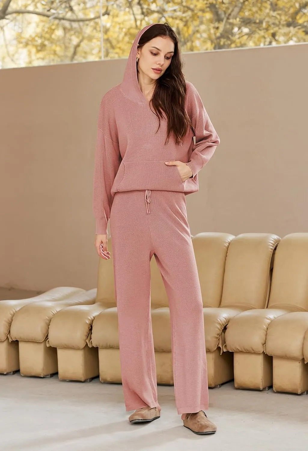 Viottiset Women's 2 Piece Outfits Sweater Set Long Sleeve Hoodies With Pocket Wide Leg Pants Lounge Sets Tracksuit