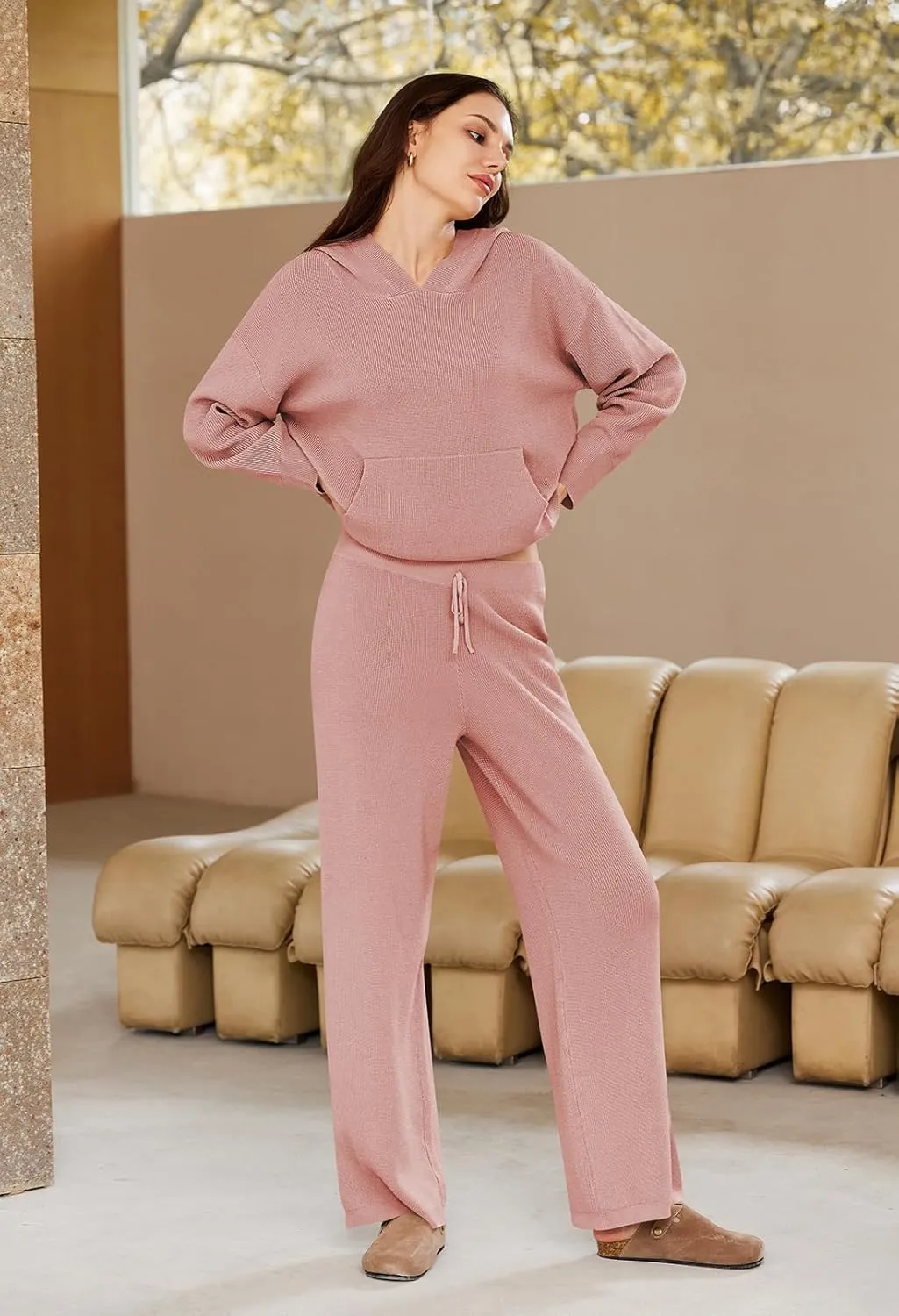 Viottiset Women's 2 Piece Outfits Sweater Set Long Sleeve Hoodies With Pocket Wide Leg Pants Lounge Sets Tracksuit