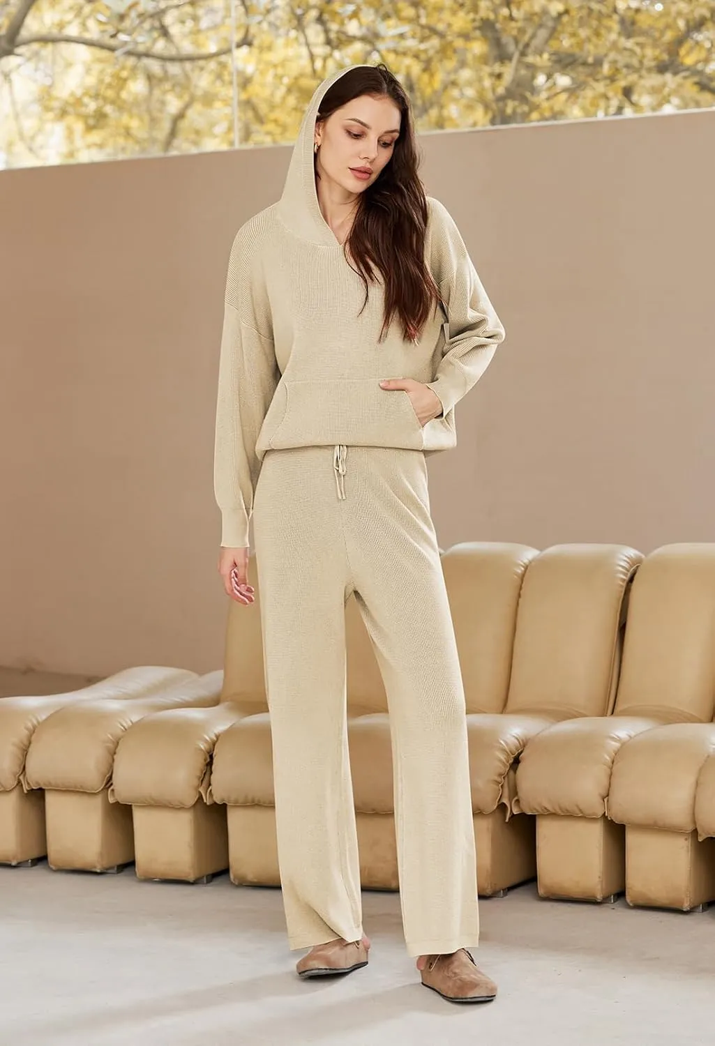 Viottiset Women's 2 Piece Outfits Sweater Set Long Sleeve Hoodies With Pocket Wide Leg Pants Lounge Sets Tracksuit