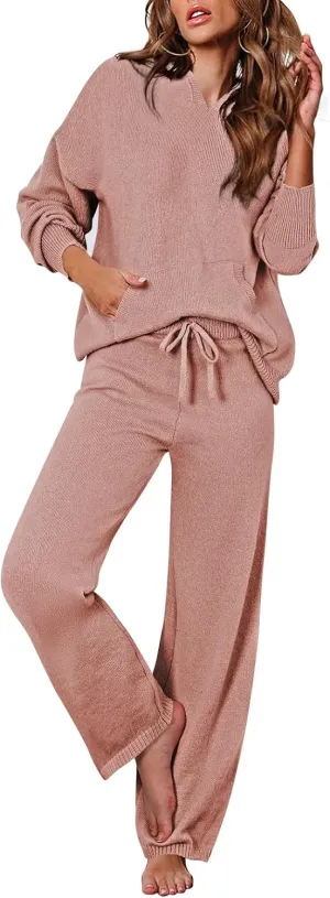 Viottiset Women's 2 Piece Outfits Sweater Set Long Sleeve Hoodies With Pocket Wide Leg Pants Lounge Sets Tracksuit