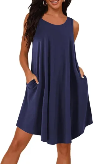 Vrtige Women's Summer Dress Scoop Neck Sleeveless Sundresses Beach Cover Up Loose T-Shirt Dress with Pockets