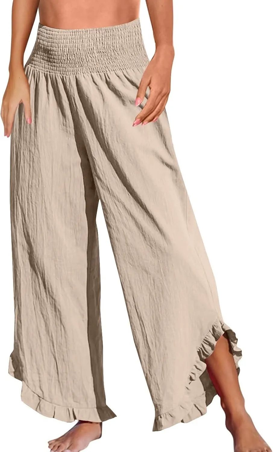Wide Leg Linen Pants for Women Plus Szie Smocked High Waisted Ruffle Lounge Pants Gauze Summer Pants for Women 2025