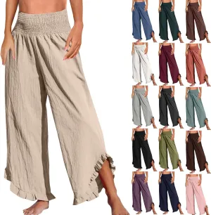 Wide Leg Linen Pants for Women Plus Szie Smocked High Waisted Ruffle Lounge Pants Gauze Summer Pants for Women 2025
