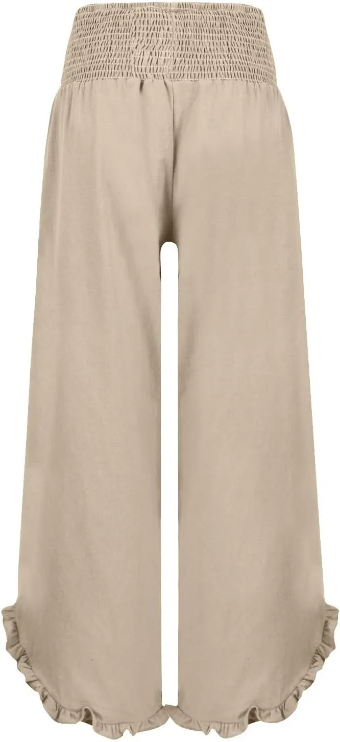 Wide Leg Linen Pants for Women Plus Szie Smocked High Waisted Ruffle Lounge Pants Gauze Summer Pants for Women 2025