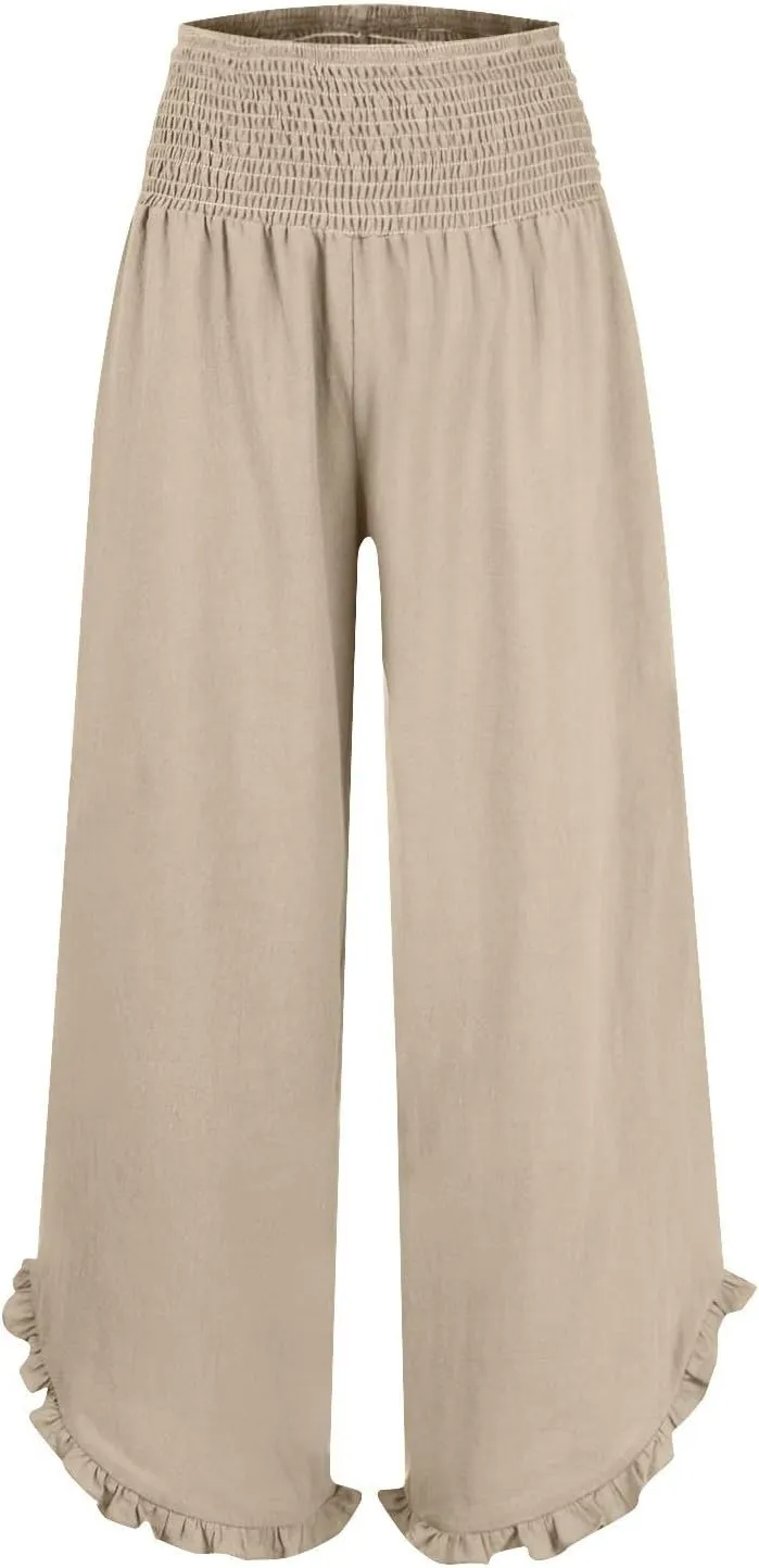 Wide Leg Linen Pants for Women Plus Szie Smocked High Waisted Ruffle Lounge Pants Gauze Summer Pants for Women 2025