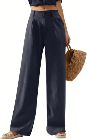 Wide Leg Linen Pants Women Summer Boho Beach Pants Business Work Office Pants Cotton High Waisted Palazzo Dress Pants