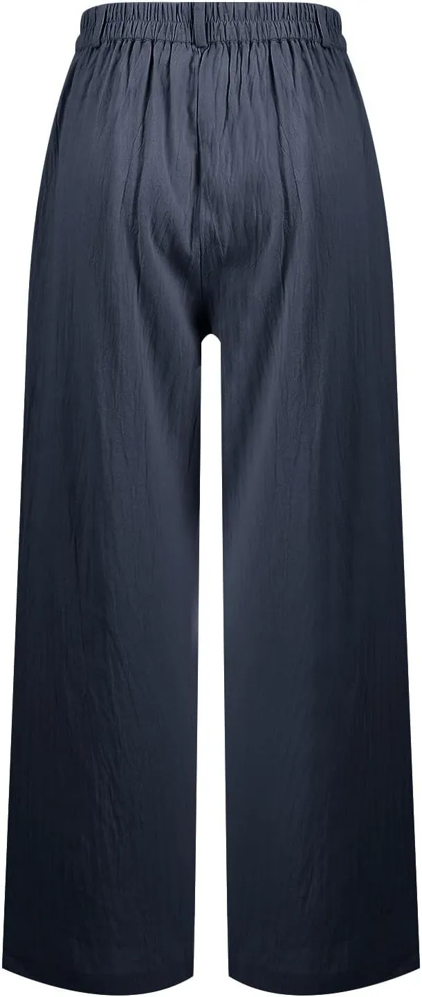 Wide Leg Linen Pants Women Summer Boho Beach Pants Business Work Office Pants Cotton High Waisted Palazzo Dress Pants