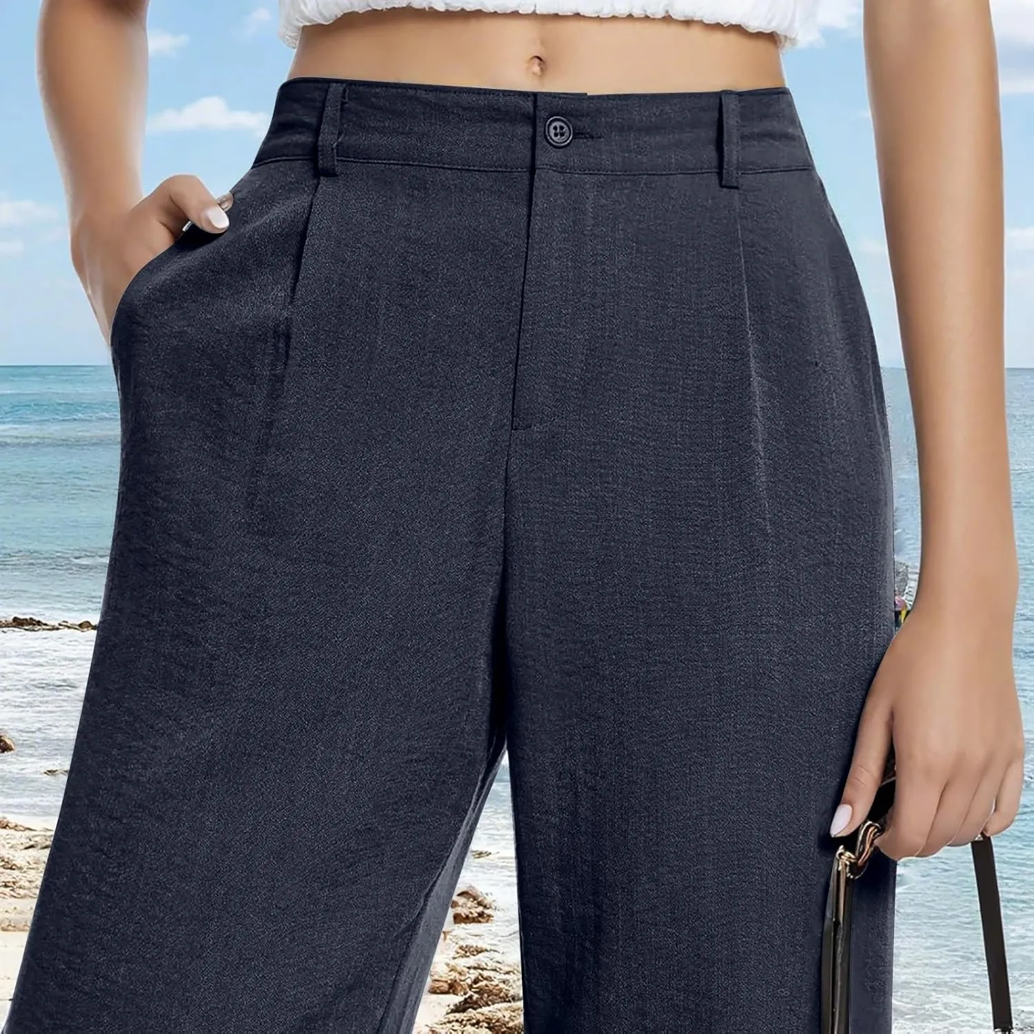 Wide Leg Linen Pants Women Summer Boho Beach Pants Business Work Office Pants Cotton High Waisted Palazzo Dress Pants