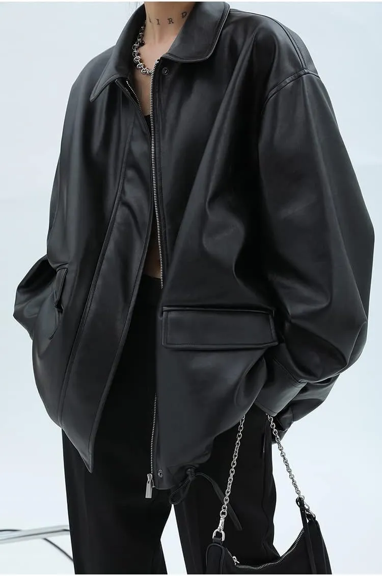 Women Faux Leather Blazer Vintage Lapel Boyfriend PU Jacket Long Sleeve Button Down Coat Streetwear