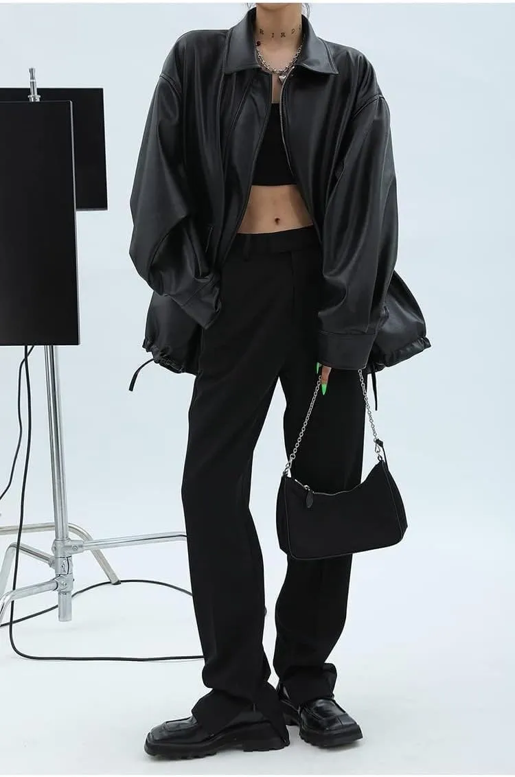 Women Faux Leather Blazer Vintage Lapel Boyfriend PU Jacket Long Sleeve Button Down Coat Streetwear