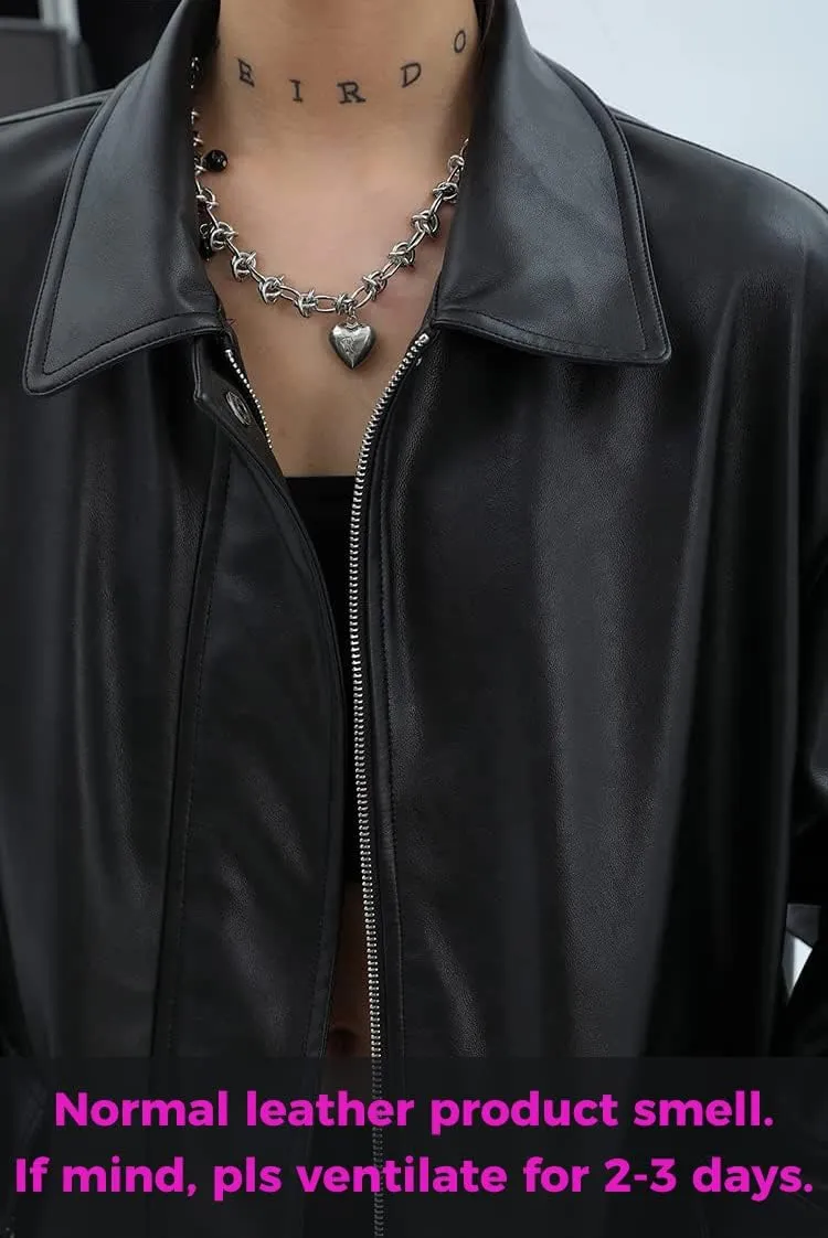 Women Faux Leather Blazer Vintage Lapel Boyfriend PU Jacket Long Sleeve Button Down Coat Streetwear