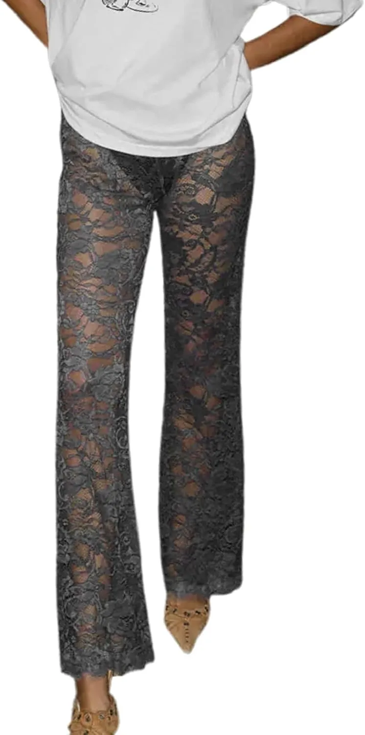 Women Lace Pants High Waist Sexy See Through Lace Sheer Trousers Hollow Cover Up Pants Clubwear