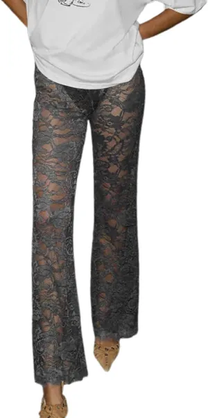 Women Lace Pants High Waist Sexy See Through Lace Sheer Trousers Hollow Cover Up Pants Clubwear