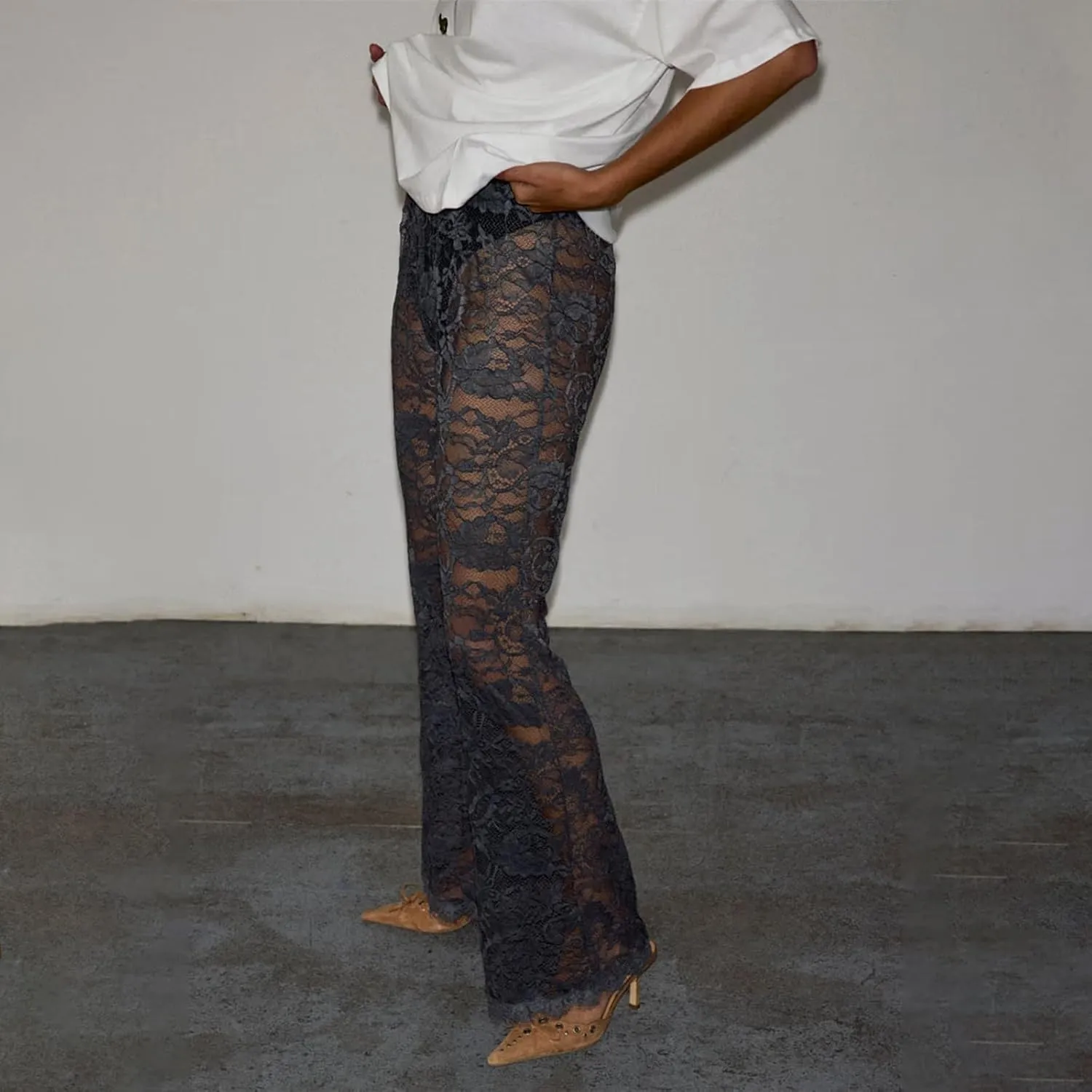 Women Lace Pants High Waist Sexy See Through Lace Sheer Trousers Hollow Cover Up Pants Clubwear