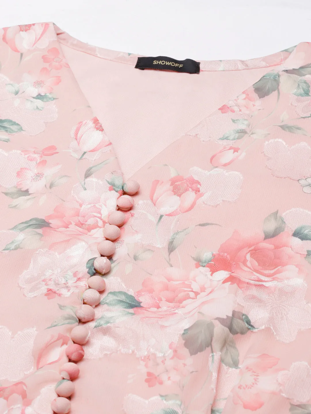 Women Pink Floral Print Puff Sleeve Georgette Peplum Top