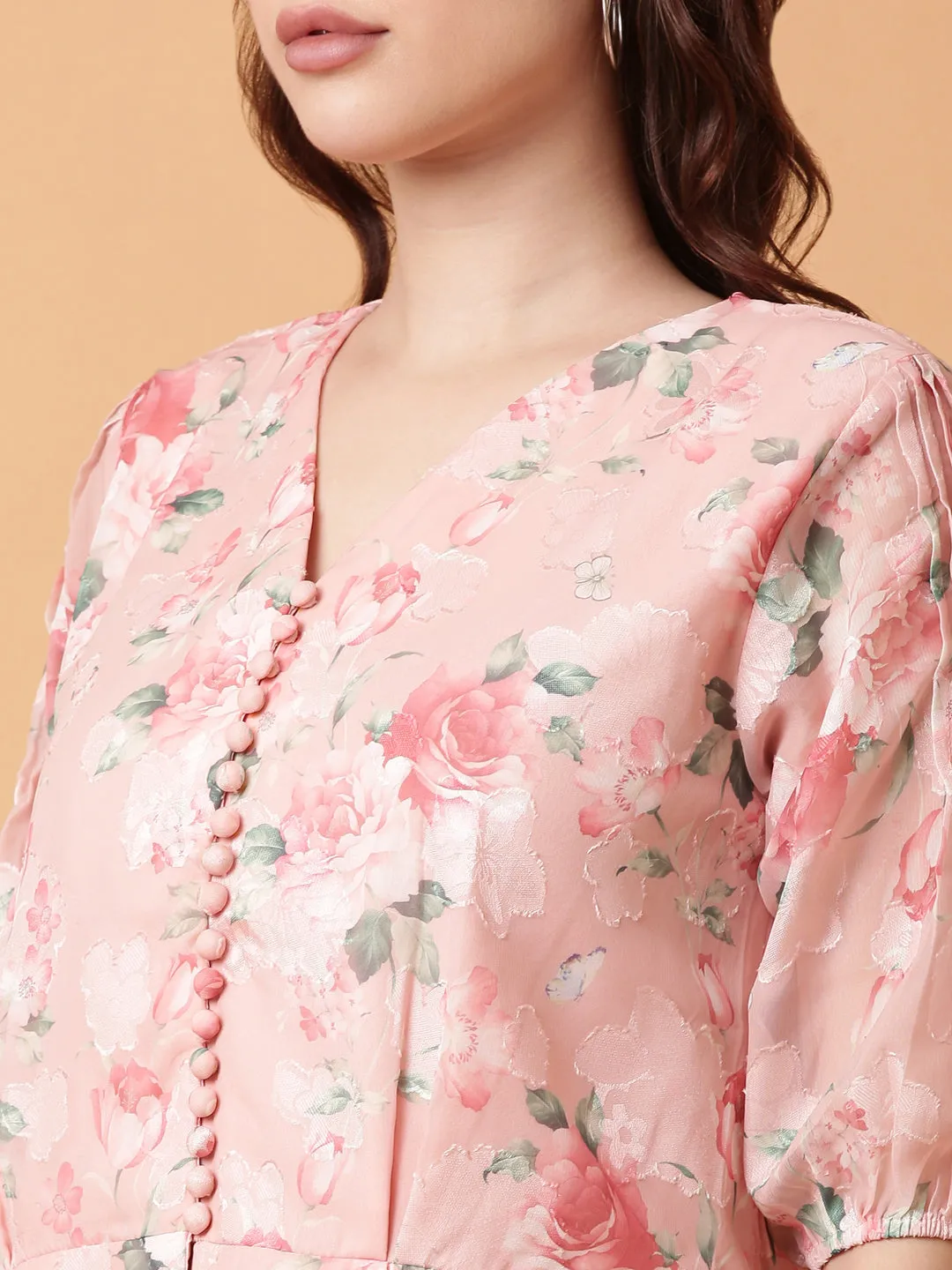 Women Pink Floral Print Puff Sleeve Georgette Peplum Top
