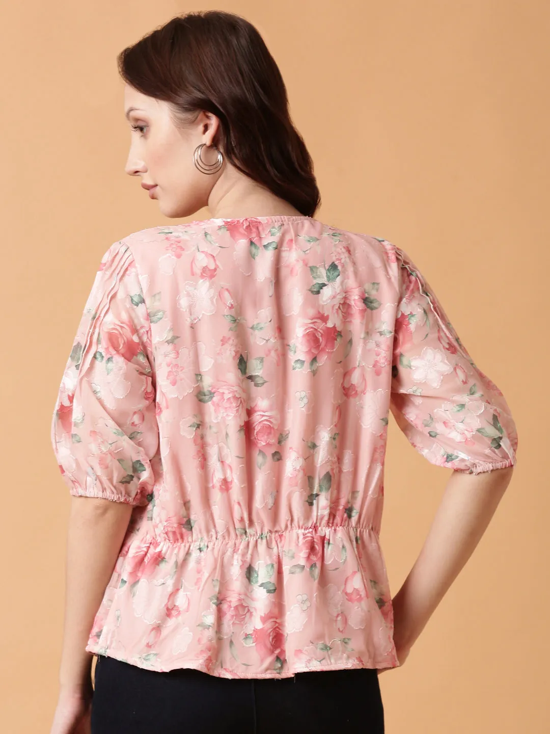 Women Pink Floral Print Puff Sleeve Georgette Peplum Top