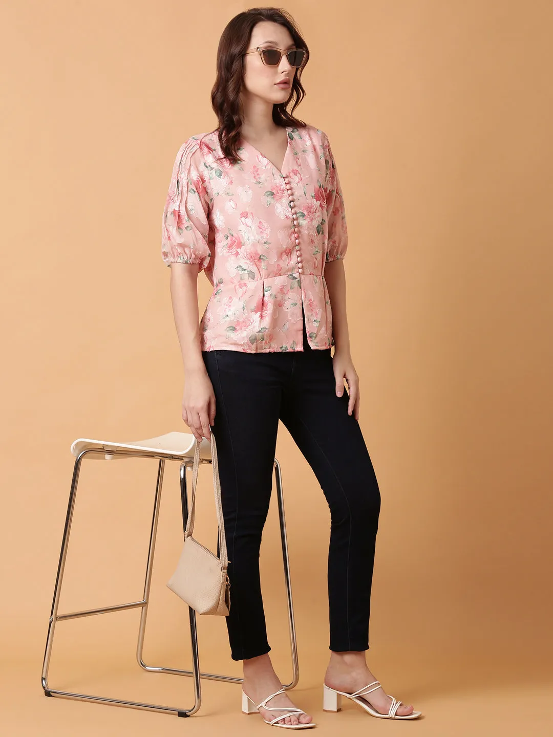 Women Pink Floral Print Puff Sleeve Georgette Peplum Top