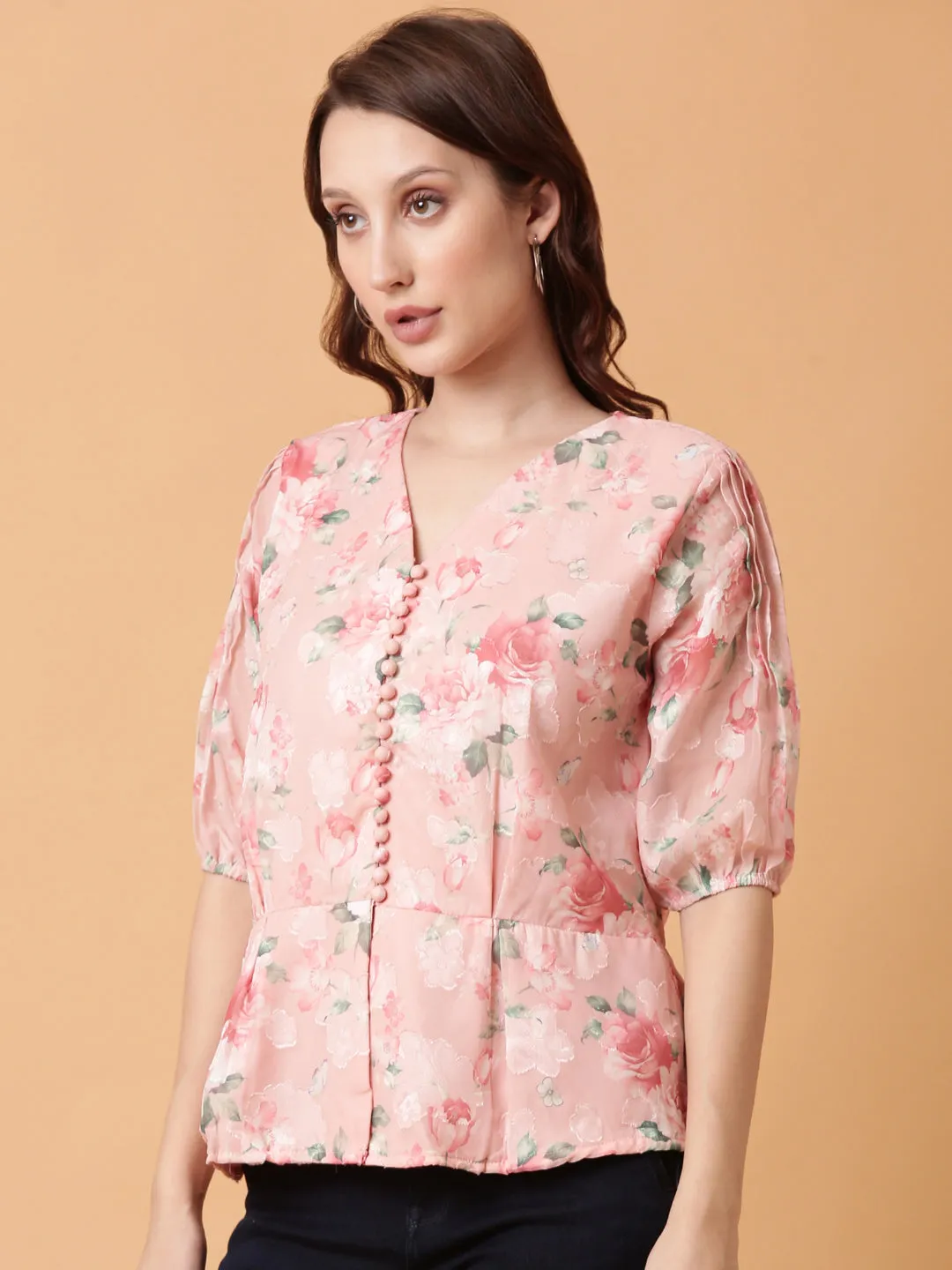 Women Pink Floral Print Puff Sleeve Georgette Peplum Top