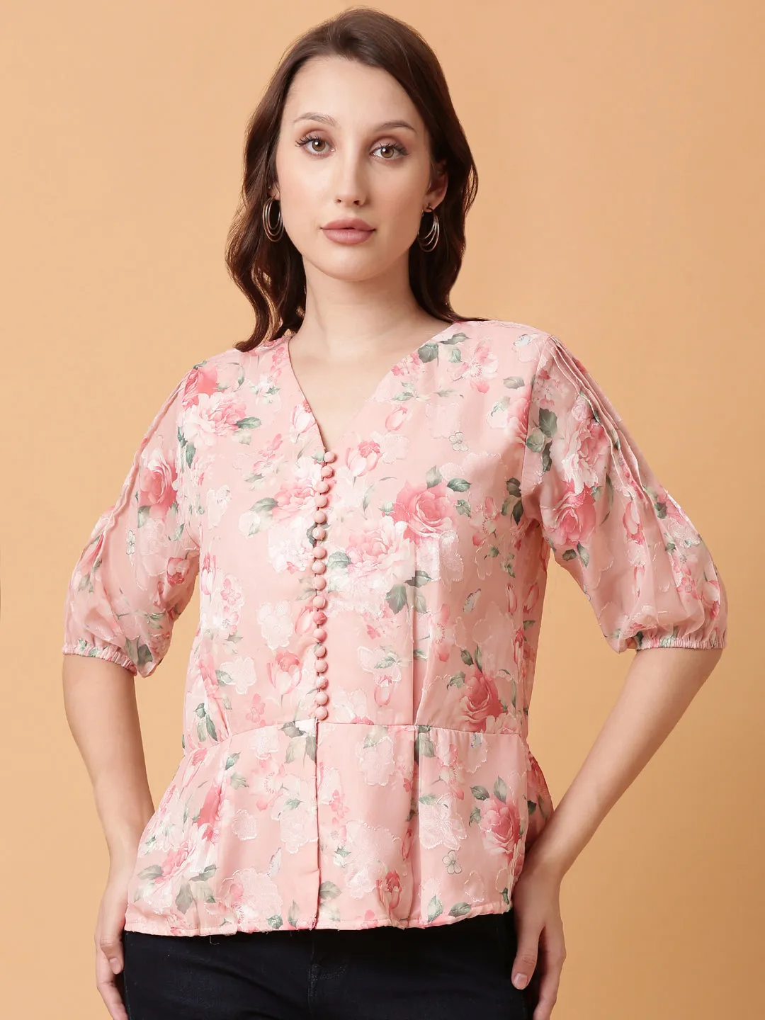 Women Pink Floral Print Puff Sleeve Georgette Peplum Top
