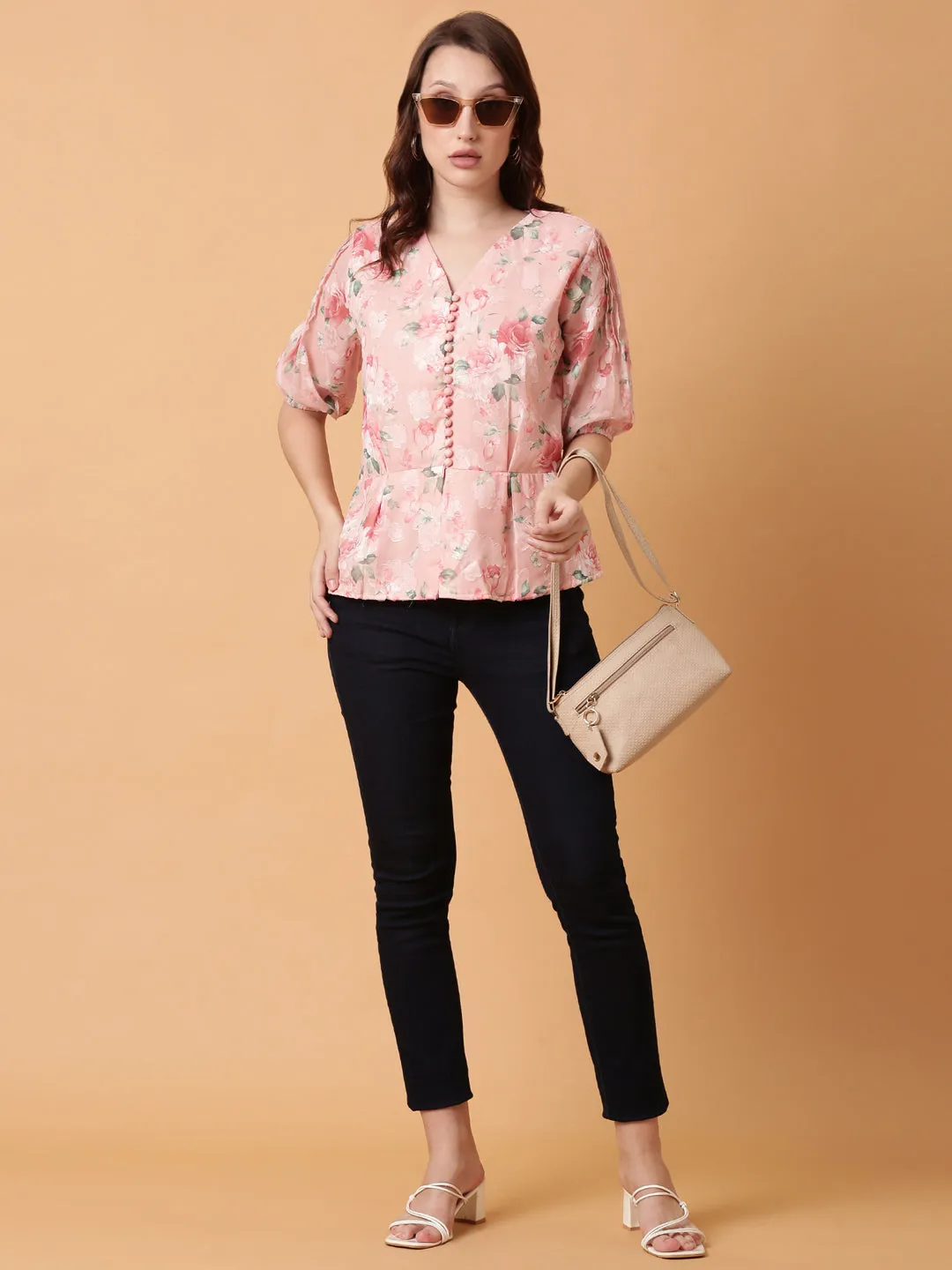 Women Pink Floral Print Puff Sleeve Georgette Peplum Top