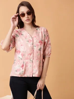 Women Pink Floral Print Puff Sleeve Georgette Peplum Top