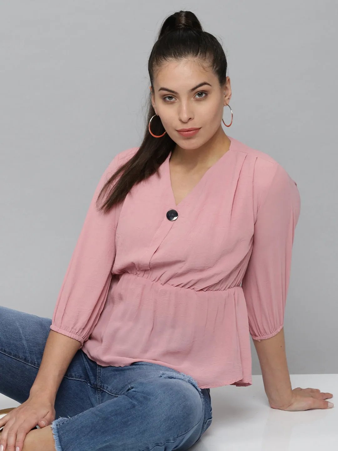 Women Pink Georgette Cinched Waist Top