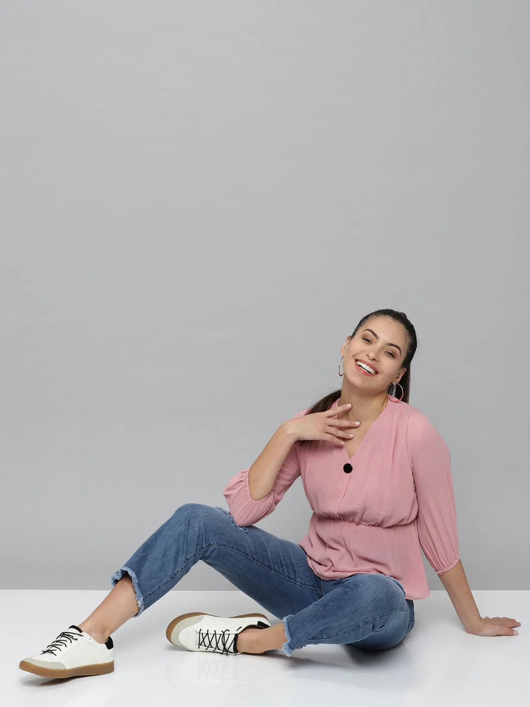 Women Pink Georgette Cinched Waist Top
