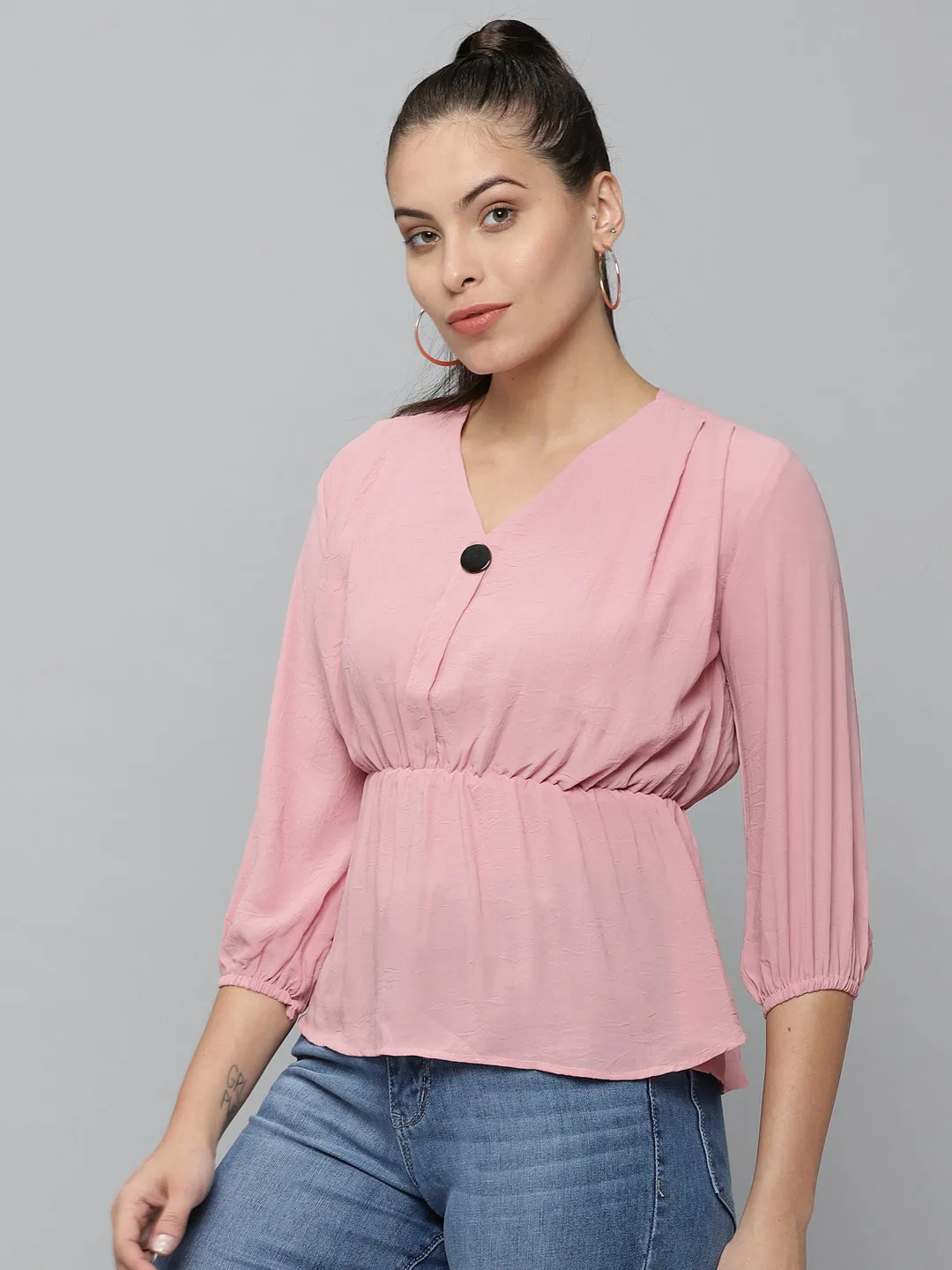 Women Pink Georgette Cinched Waist Top