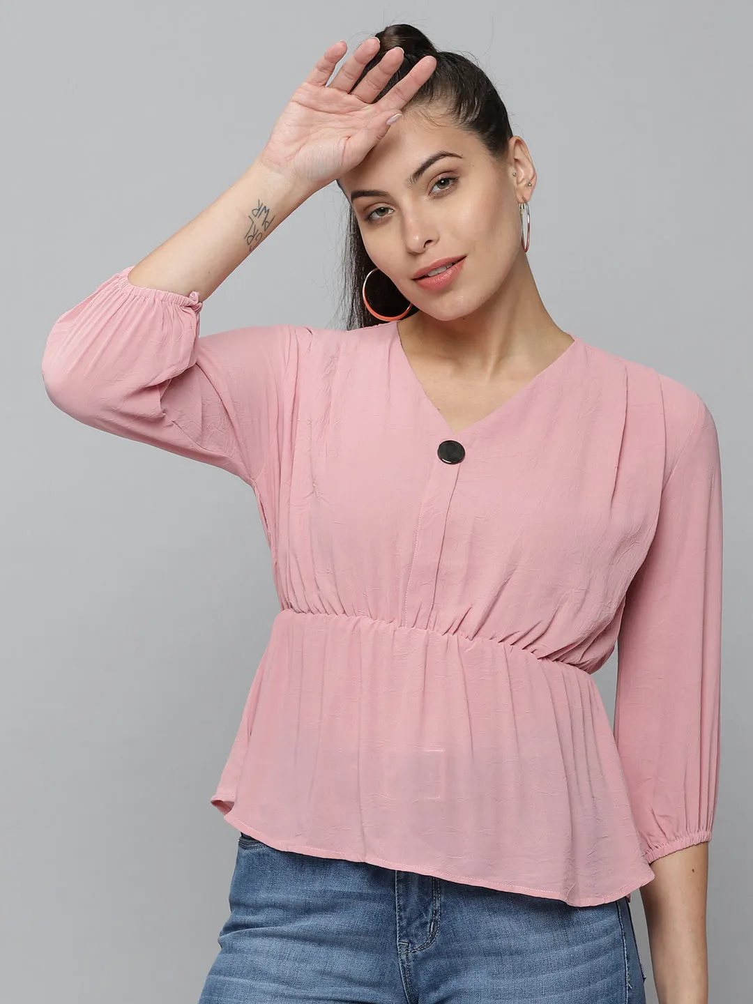 Women Pink Georgette Cinched Waist Top