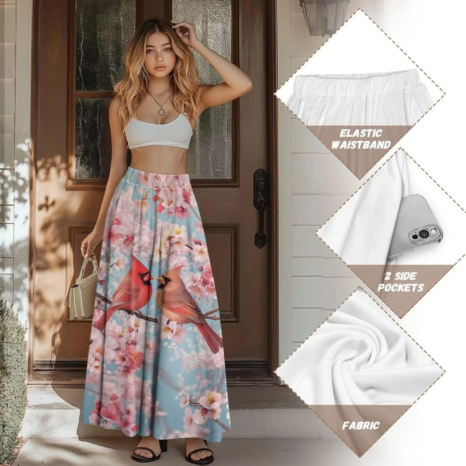 Women Pleated Skirt Polyester A-Line Printed Maxi Skirts with Pockets for Vacation Travel Parties