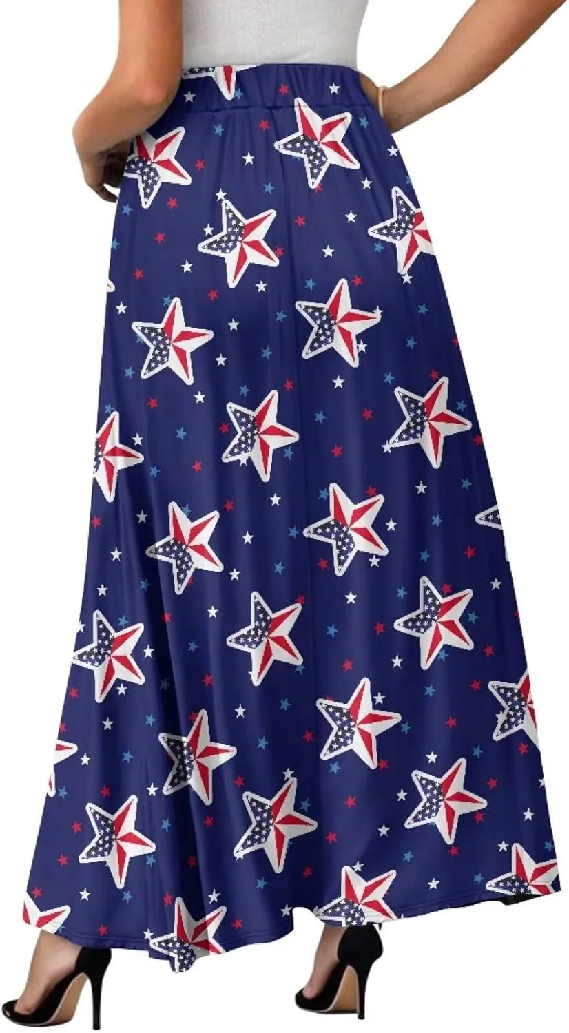 Women Pleated Skirt Polyester A-Line Printed Maxi Skirts with Pockets for Vacation Travel Parties