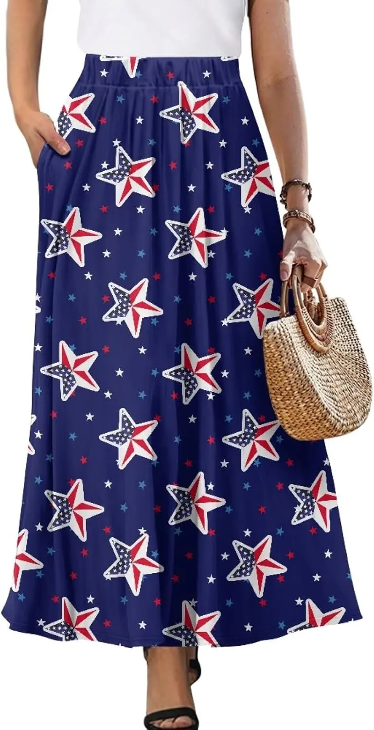 Women Pleated Skirt Polyester A-Line Printed Maxi Skirts with Pockets for Vacation Travel Parties