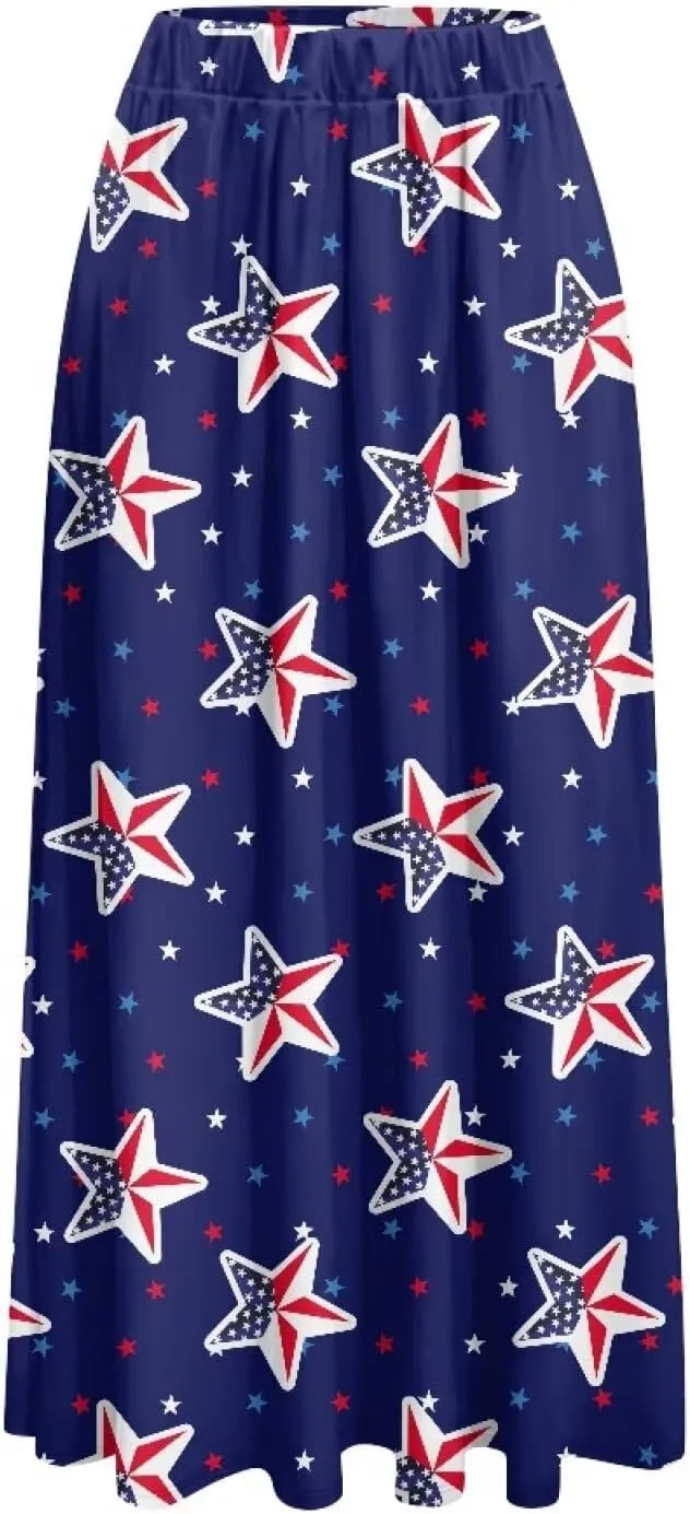 Women Pleated Skirt Polyester A-Line Printed Maxi Skirts with Pockets for Vacation Travel Parties