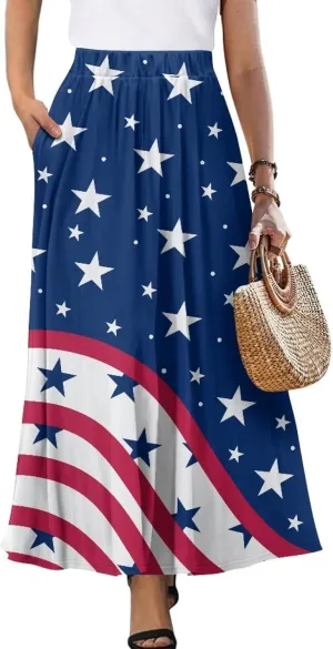 Women Pleated Skirt Polyester A-Line Printed Maxi Skirts with Pockets for Vacation Travel Parties