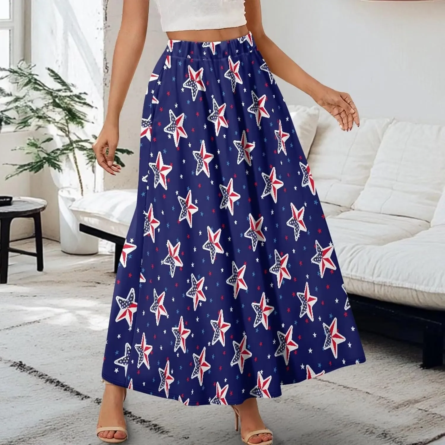 Women Pleated Skirt Polyester A-Line Printed Maxi Skirts with Pockets for Vacation Travel Parties