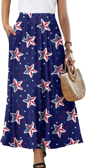 Women Pleated Skirt Polyester A-Line Printed Maxi Skirts with Pockets for Vacation Travel Parties
