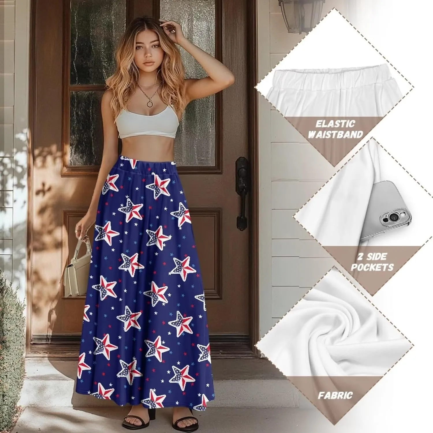 Women Pleated Skirt Polyester A-Line Printed Maxi Skirts with Pockets for Vacation Travel Parties