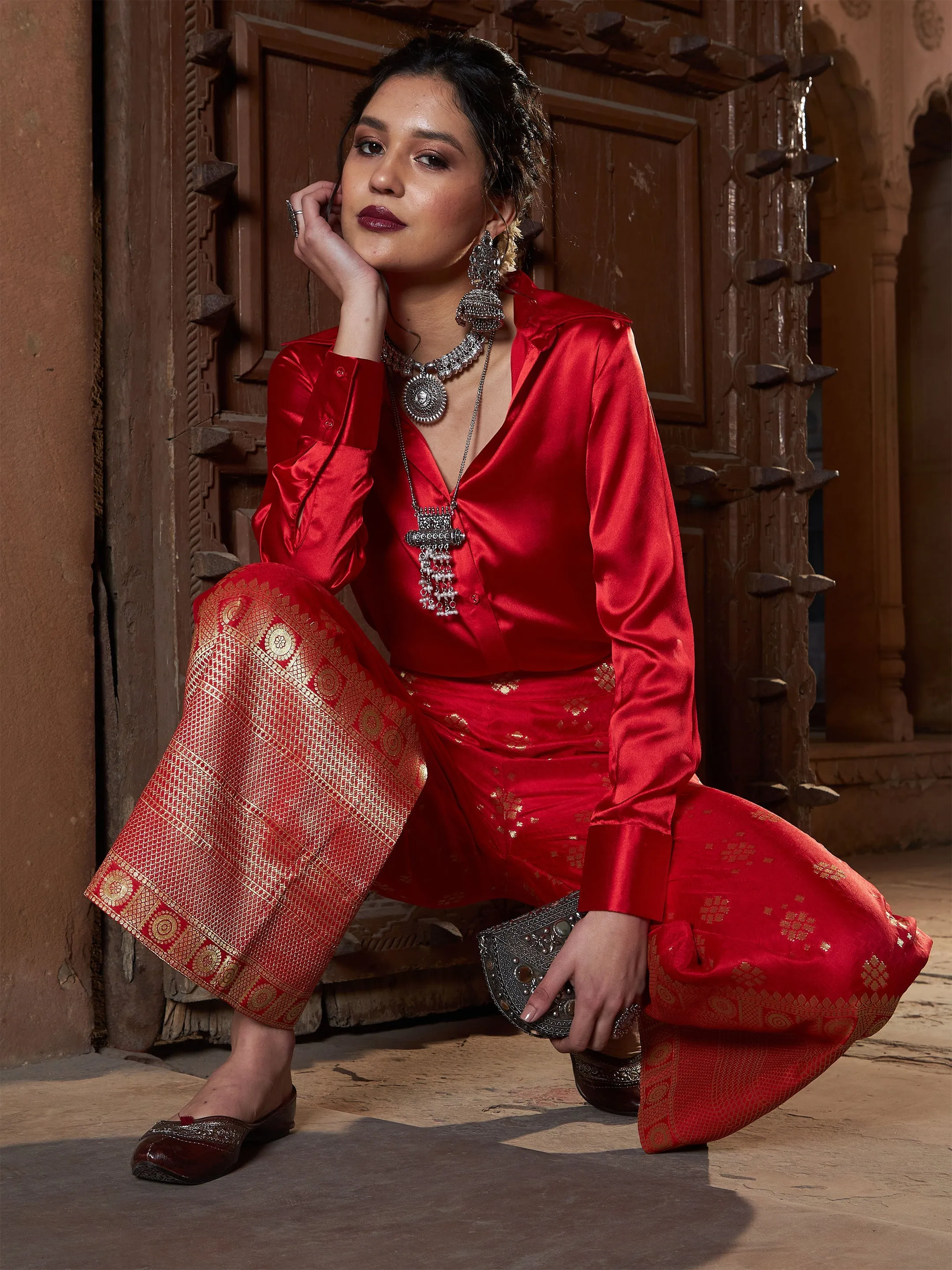 Women Red Brocade Jacquard Palazzos