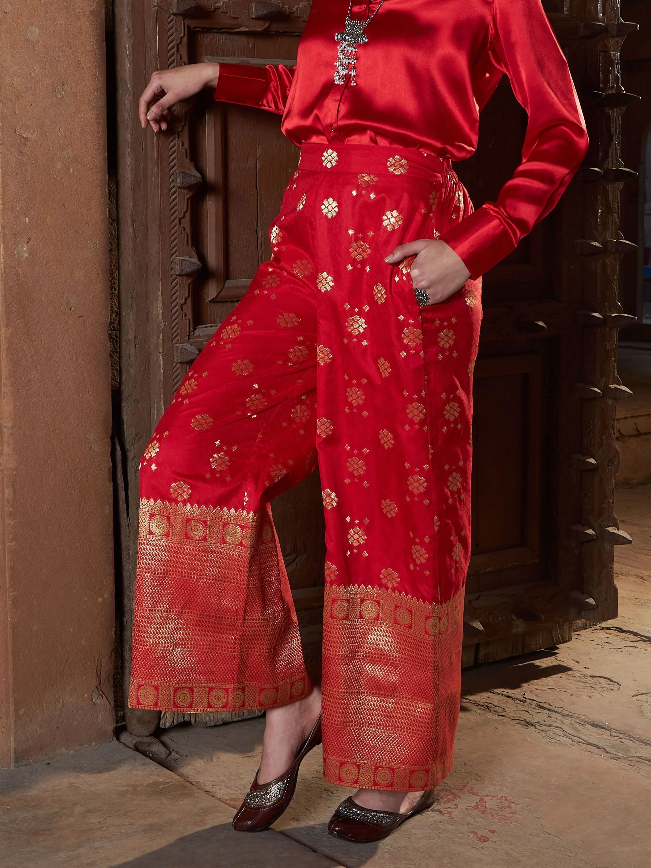 Women Red Brocade Jacquard Palazzos