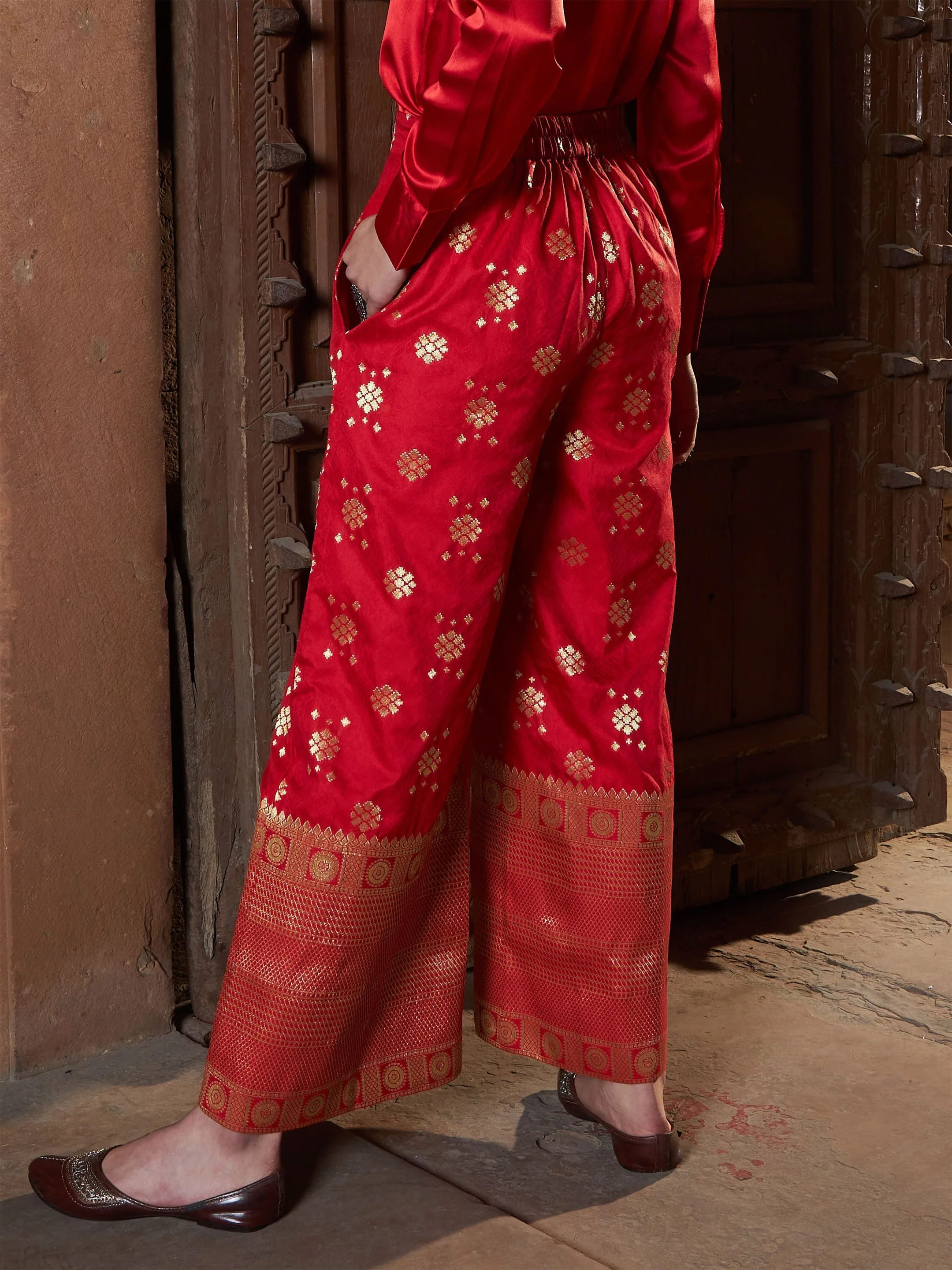 Women Red Brocade Jacquard Palazzos
